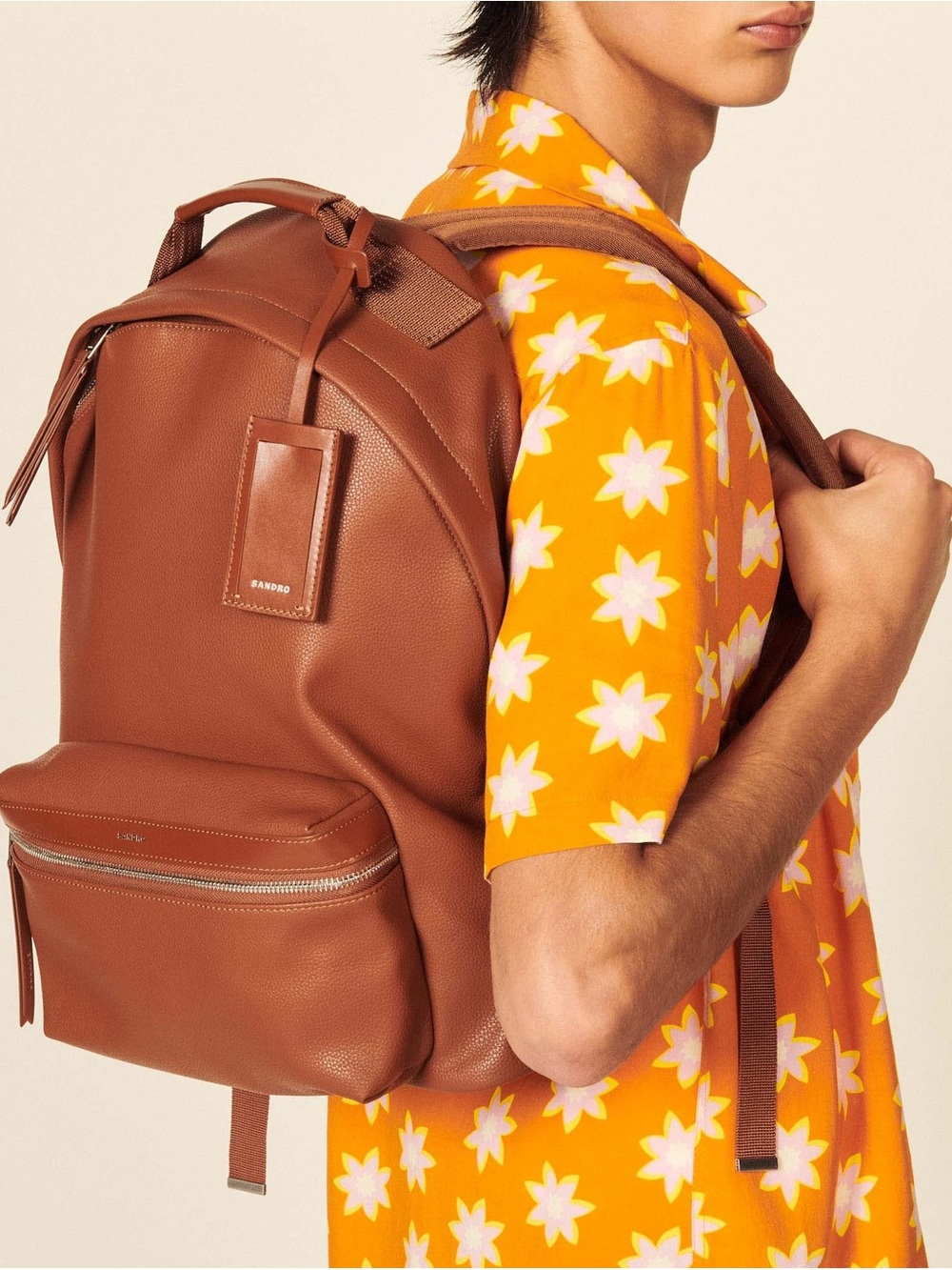 Sandro Cognac Brown Leather Backpack